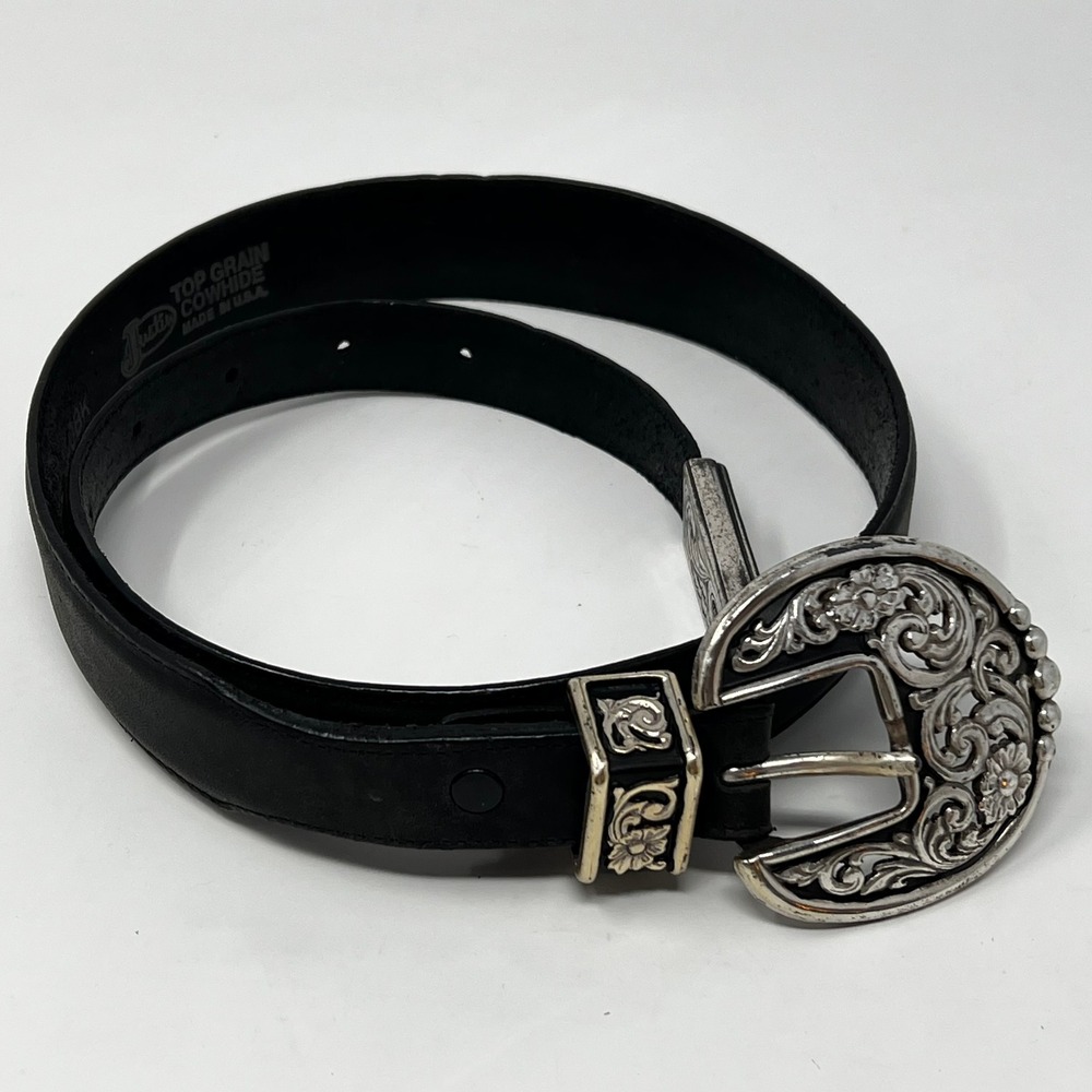 Vintage Justin Black Leather Western Belt Floral Silver Buckle 28 540BK Made USA - Picture 3 of 5